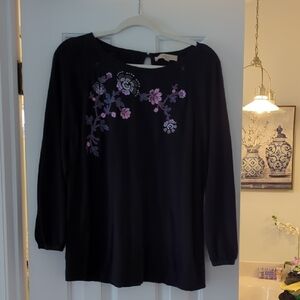 LOFT Black Top with Purple Floral Embroidery